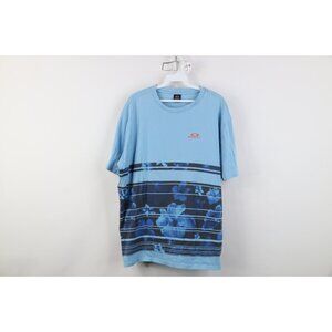 Vintage Y2K Oakley Mens 2XL Faded Spell Out Striped Flower Floral T-Shirt Blue
